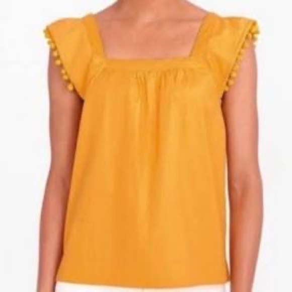 J. Crew Factory Tops - J Crew Women’s Mustard Square Neck Pom Pom Sleeves Top Size 6